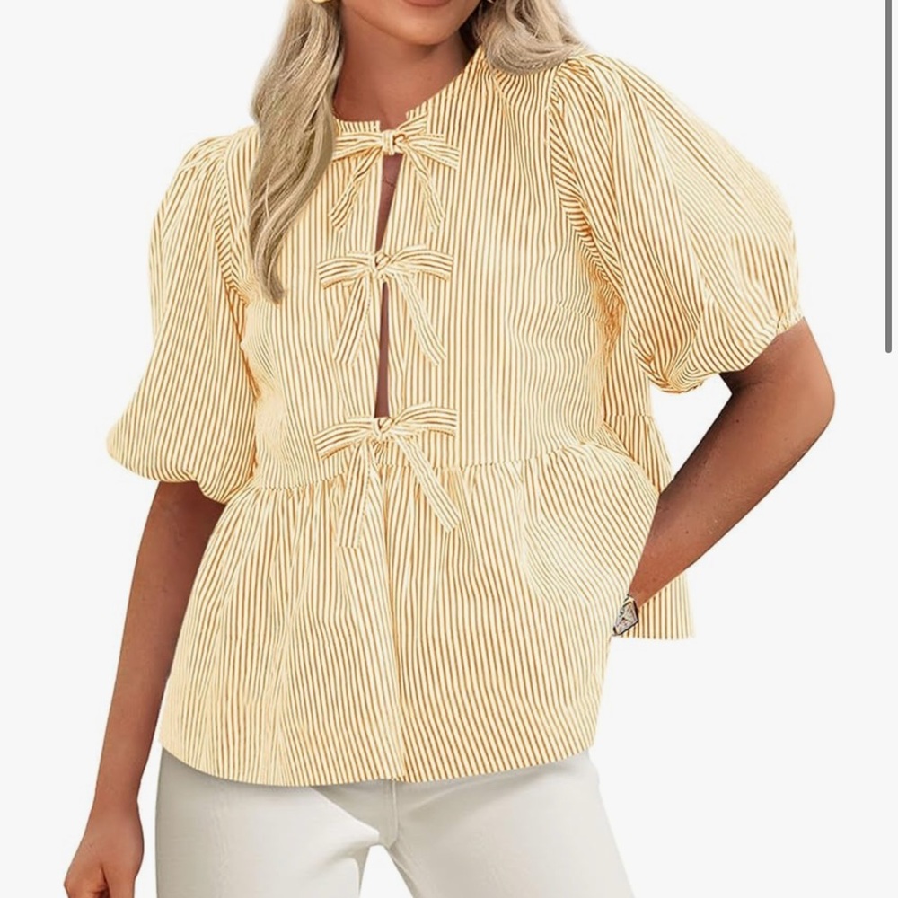 Elegant Yellow Striped Blouse with Bow Accents